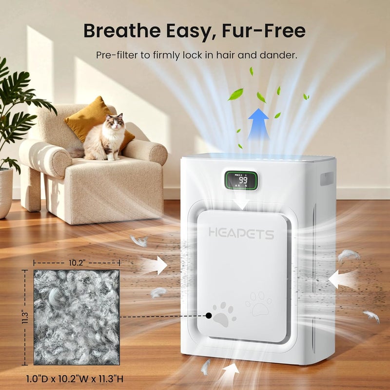 HEAPETS Pet Air Purifier for Home Large Room 2500 sq ft, H13 HEPA Washable Double-Sided Filter, Air Cleaner for Pet Hair Dander Odor Allergies Pollutant Smoke Dust, PM2.5 Air Quality Monitor, Auto Mode, Grey - Image 2